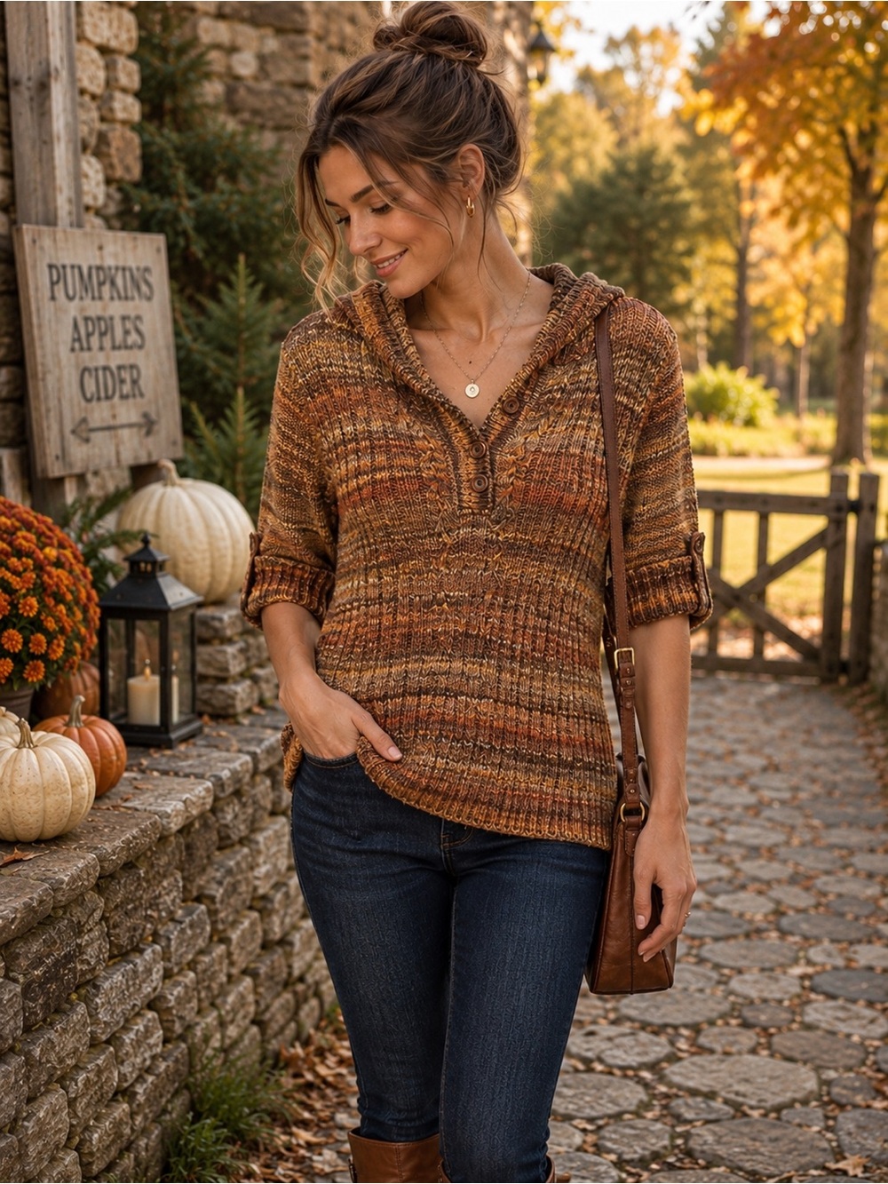 Ponsesa Marled Hooded Sweater Large Boho Cottagecore Henley Knit Brown